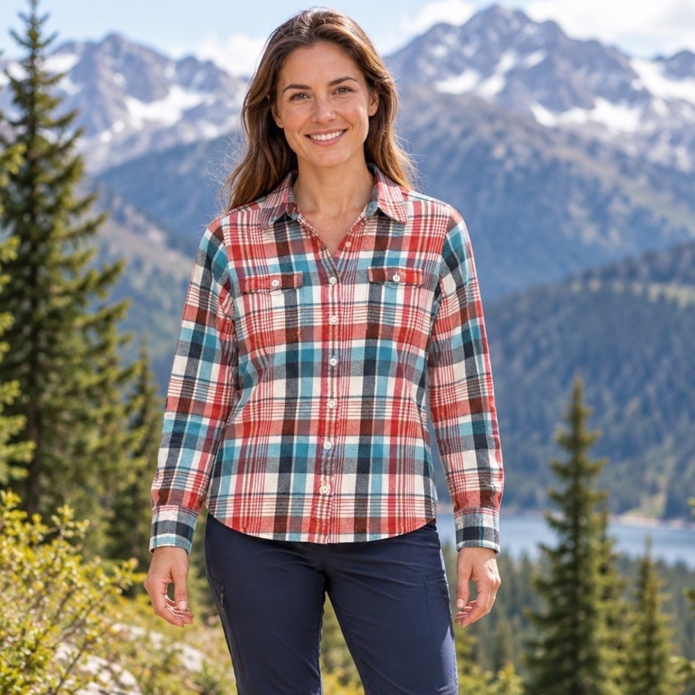 Patagonia Women Red Teal Plaid Organic Cotton Flannel Button Down Shirt Size 4